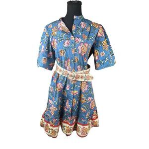 JOIE floral puff sleeve button front mini shirt dress cotton blue baja size 8